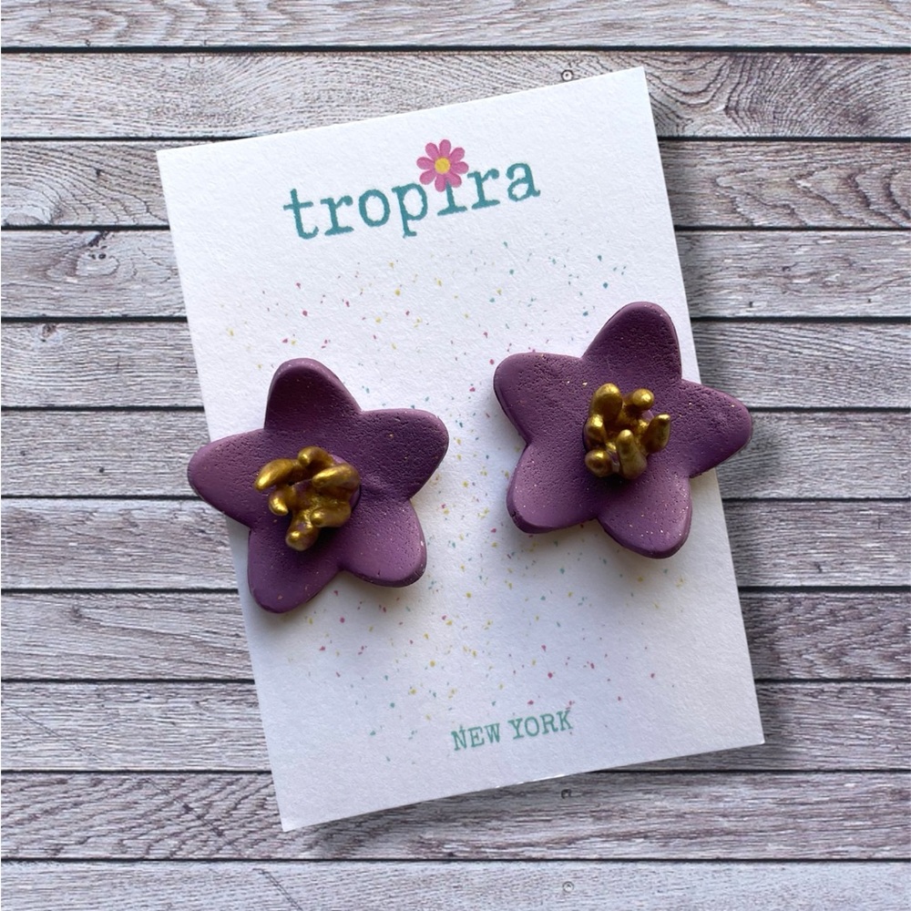 Purple Gold Floral Stud Polymer Clay Earrings